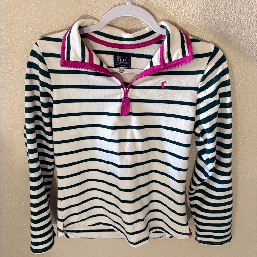 Joules Women’s Size 4 White and Green Striped Half Zip Sweatshirt with Pink Trim
